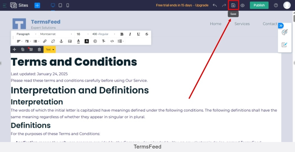 TermsFeed Zoho - Sites - Pages - New page Terms and Conditions is added - Add element - Paragraph - editor - Code pasted - OK - Save