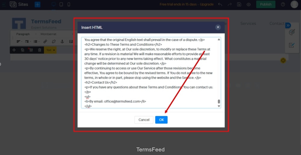 TermsFeed Zoho - Sites - Pages - New page Terms and Conditions is added - Add element - Paragraph - editor - Code pasted - OK