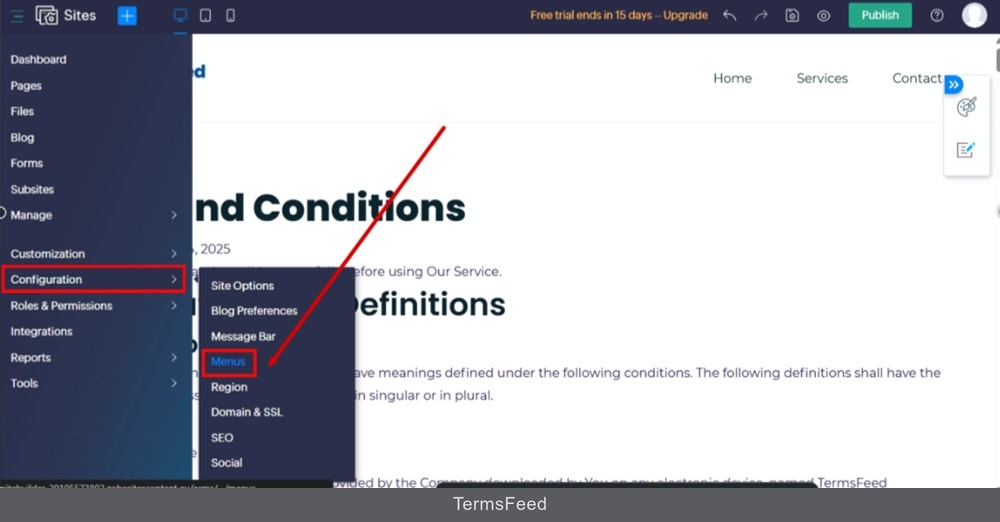 TermsFeed Zoho - Sites - Pages - Terms and Conditions page - Dashboard - Configuration - Menus selected