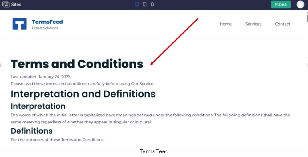 TermsFeed Zoho - Sites - Pages - New page Terms and Conditions is added - Preview displayed