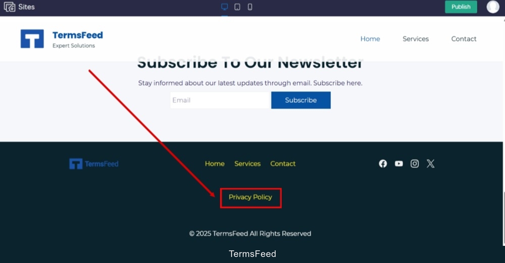 TermsFeed Zoho - Sites - Preview - Footer - The Privacy Policy URL is linked and displayed