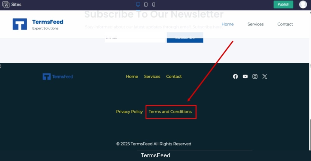TermsFeed Zoho - Sites - Preview - Footer - The Terms and Conditions page is linked and displayed