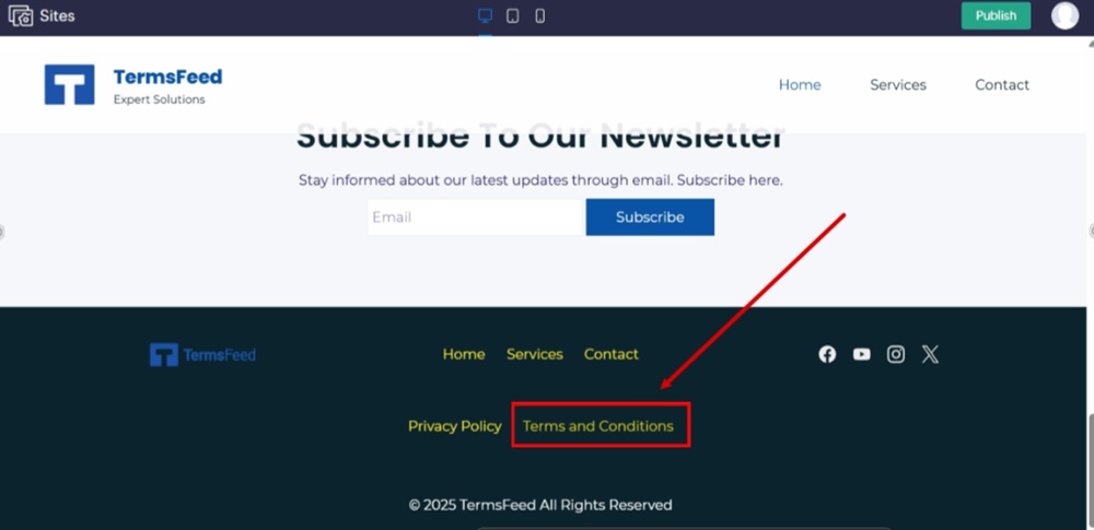 TermsFeed Zoho - Sites - Preview - Footer - The Terms and Conditions URL is linked and displayed