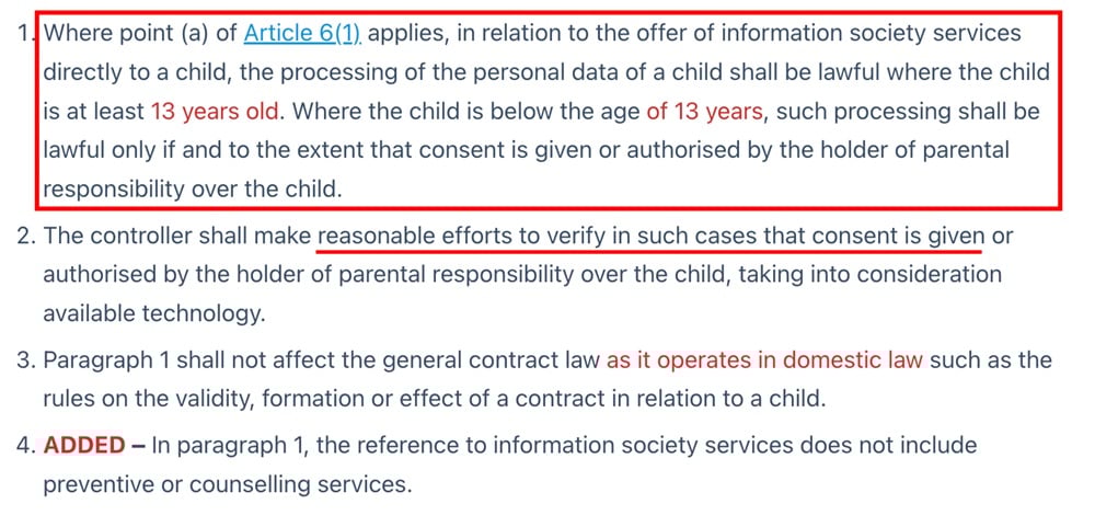 Image from UK GDPR guidelines, illustrating the defined age for lawful data processing
