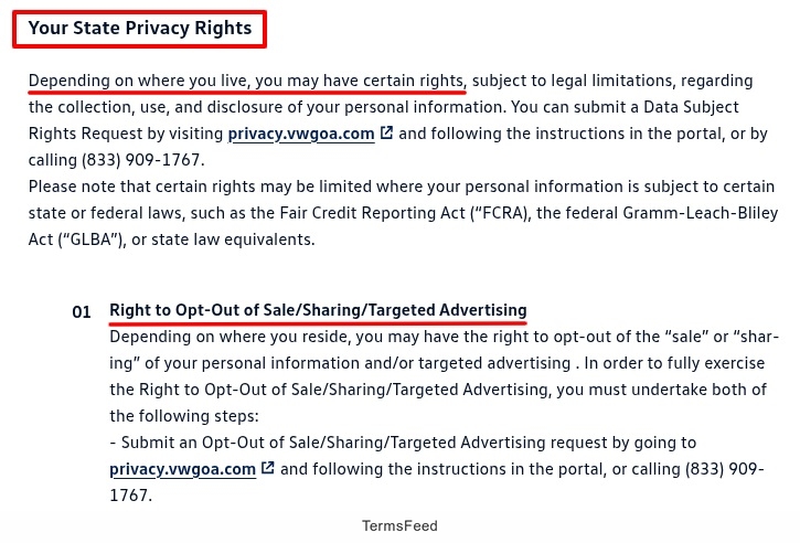 Volkswagen Privacy Policy - State Rights clause excerpt