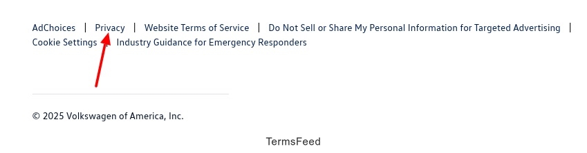 Volkswagen website footer with Privacy link highlighted