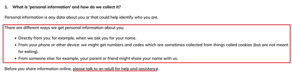 Screenshot from Warner Brothers' Discovery child-friendly Privacy Policy