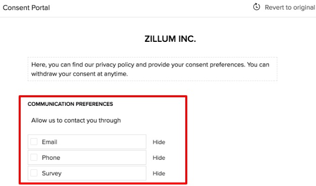 Zoho CRM consent portal example screenshot