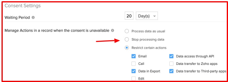 Zoho CRM consent settings screenshot