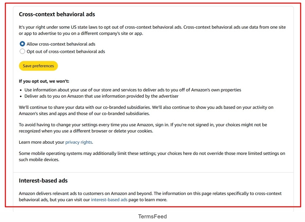 Amazon US: Ads Privacy Choices screenshot