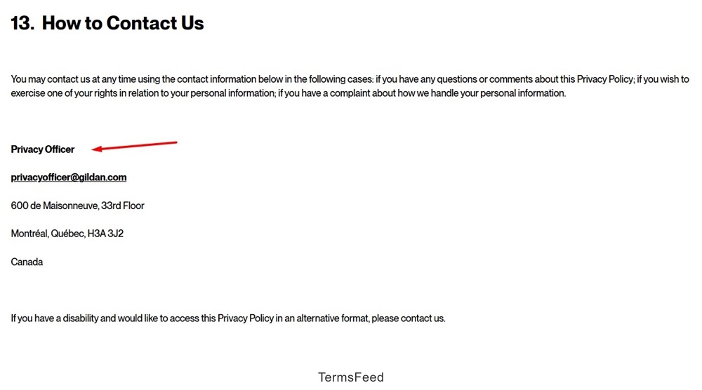 American Apparel Privacy Policy: Privacy Officer contact data screenshot