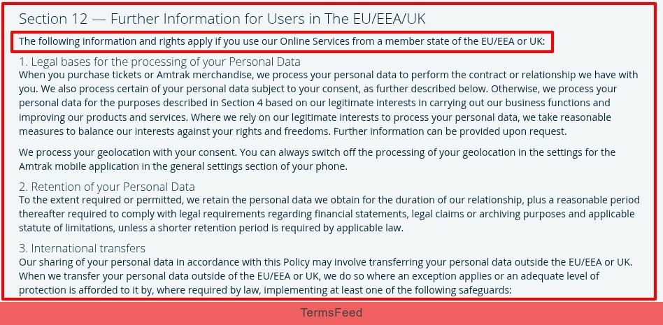 Amtrak Privacy Policy - EEA user clause excerpt