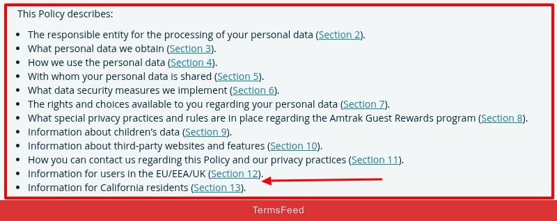 Amtrak Privacy Policy Table of Contents with EU and California sections highlighted