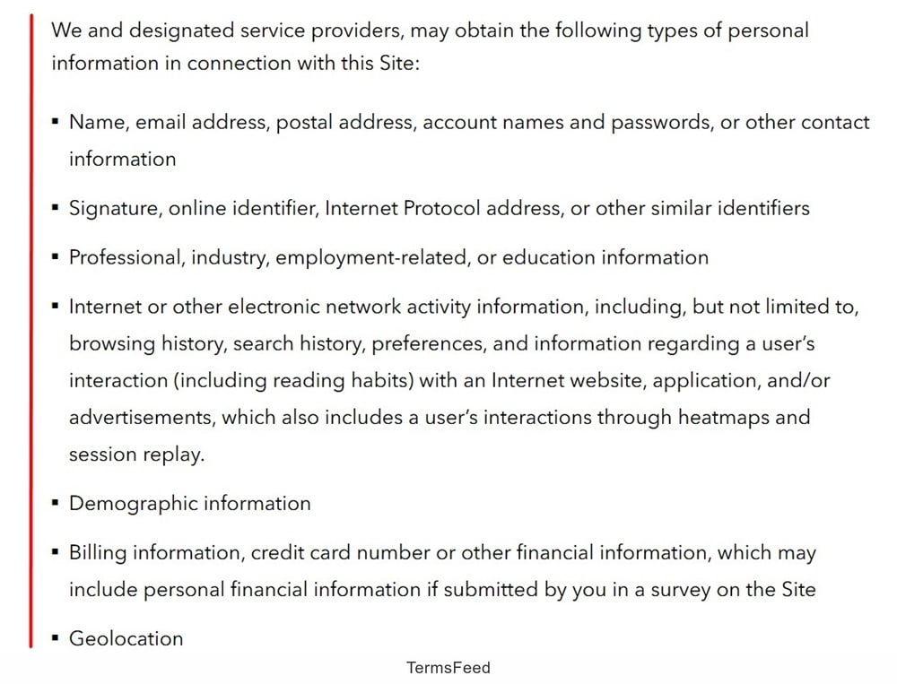 Bloomberg Privacy Policy categories of personal data collected
