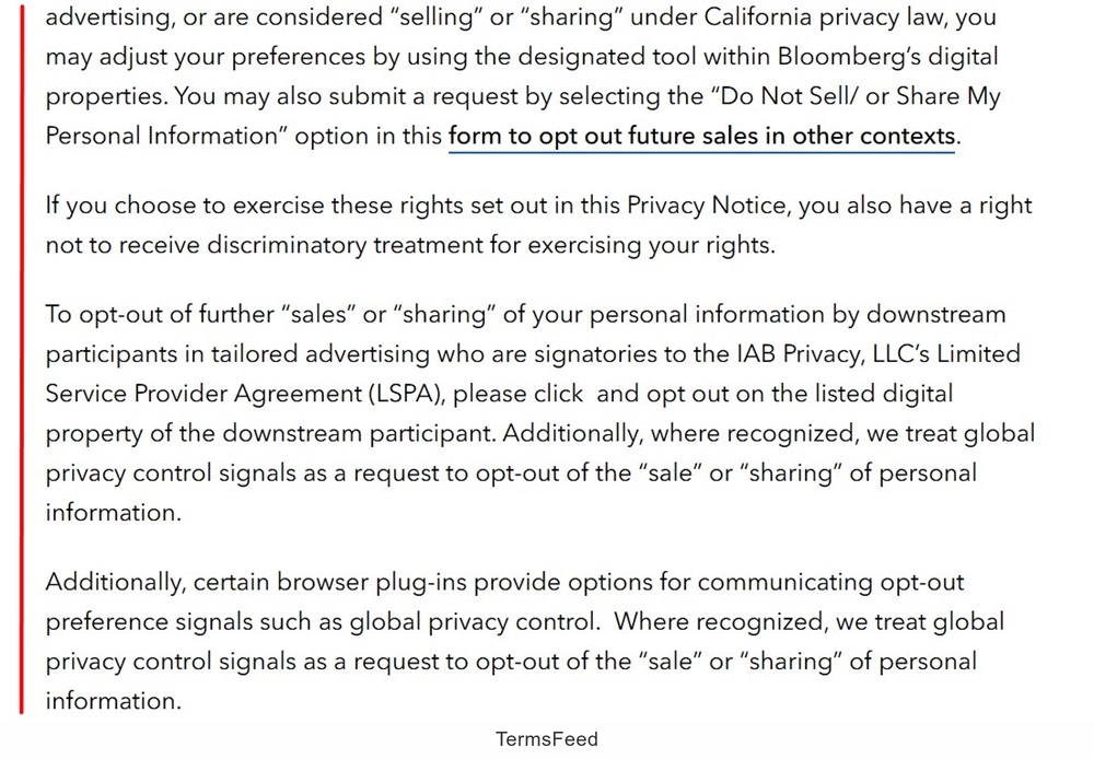 Bloomberg Privacy Policy: Opt-out provision
