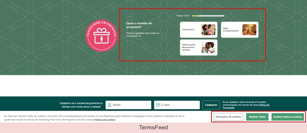 Boticario Quiz and Cookie Consent have privacy disclosures