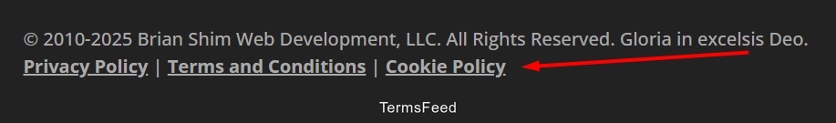 Brian Shim website footer with cookies policy highlighted
