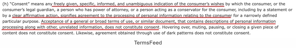 A section from the California Consumer Privacy Act (CCPA) establishing the requirement for obtaining a freely given, specific, informed, and unambiguous indication of consumer consent