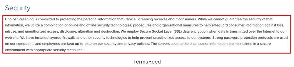 Choice Screening Privacy Policy: Security clause