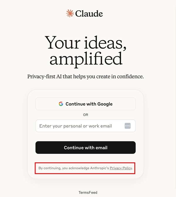 Screenshot of Claude AI signup process highlighting the declaration for acknowledging Anthropic's Privacy Policy