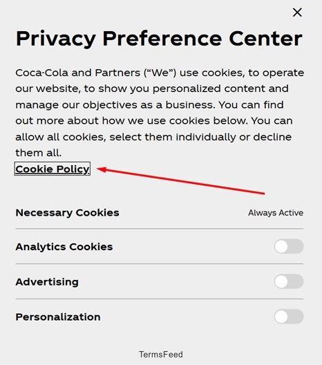 Coca-Cola Cookie Consent Banner with Cookie Policy highlighted