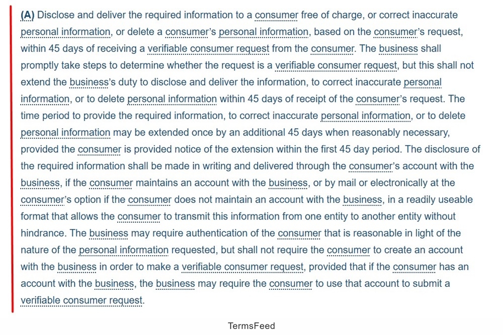 CPRA Section 1798.130: Businesses must respond within 45 days