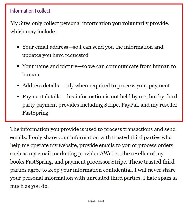Enchanting Marketing Privacy Policy: Information I collect clause
