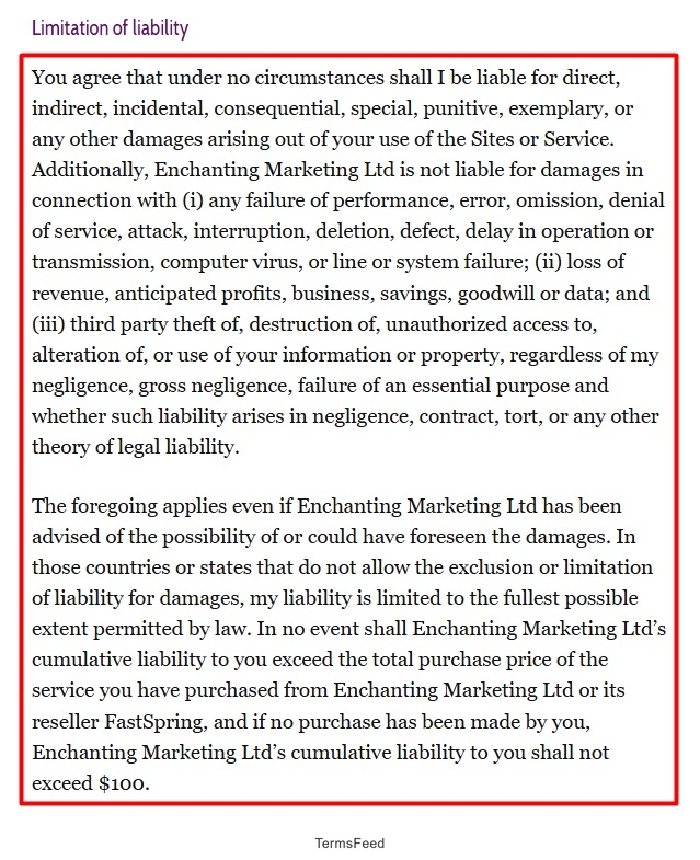 Enchanting Marketing Terms and Conditions: Limitation of Liability clause