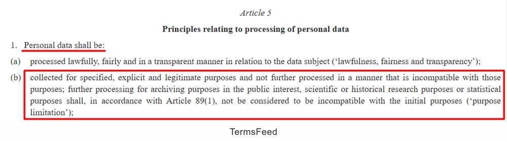 EUR LEX GDPR: Article 5(1)(b) highlighted