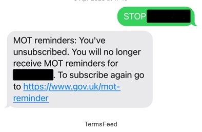 An example of the UK Government's system demonstrating an easy method to unsubscribe from SMS notifications