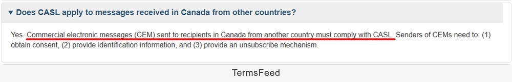 An excerpt indicating that overseas companies targeting Canadian consumers must comply with CASL