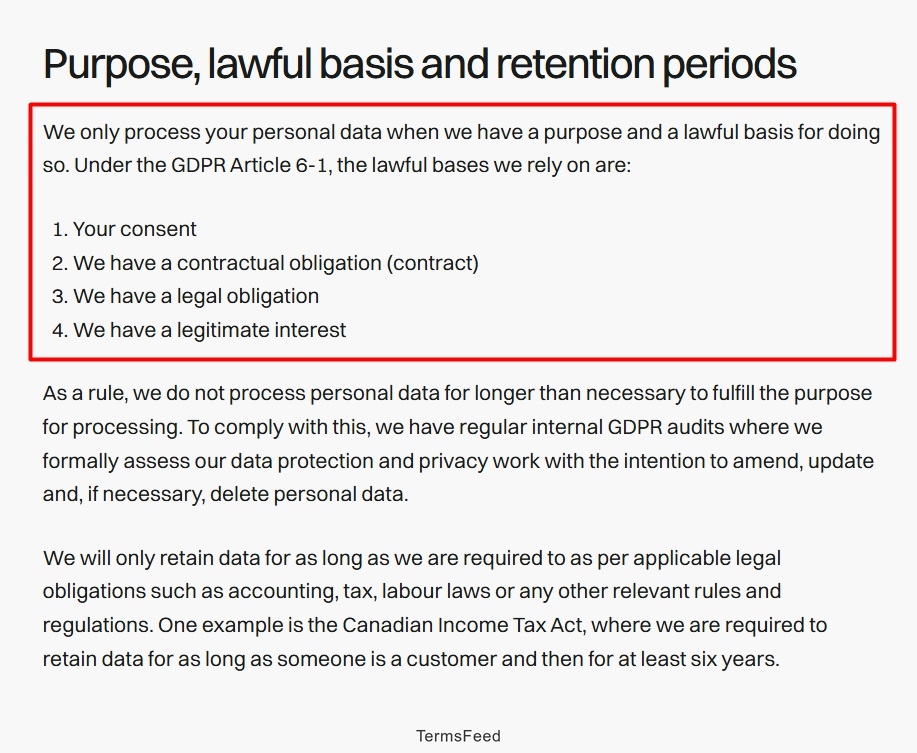 Fathom Analytics Privacy Policy: Purpose, lawful basis, and retention periods clause