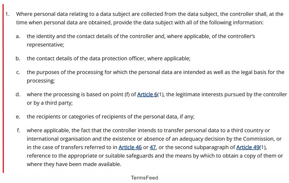 GDPR Article 13: Data controller and types of information to be collected