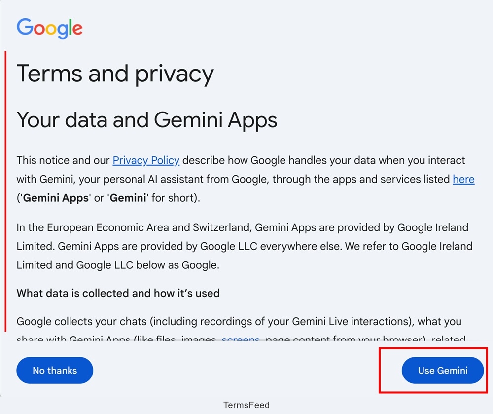 Screenshot of Google Gemini highlighting user requirement to actively scroll through policy information before proceeding