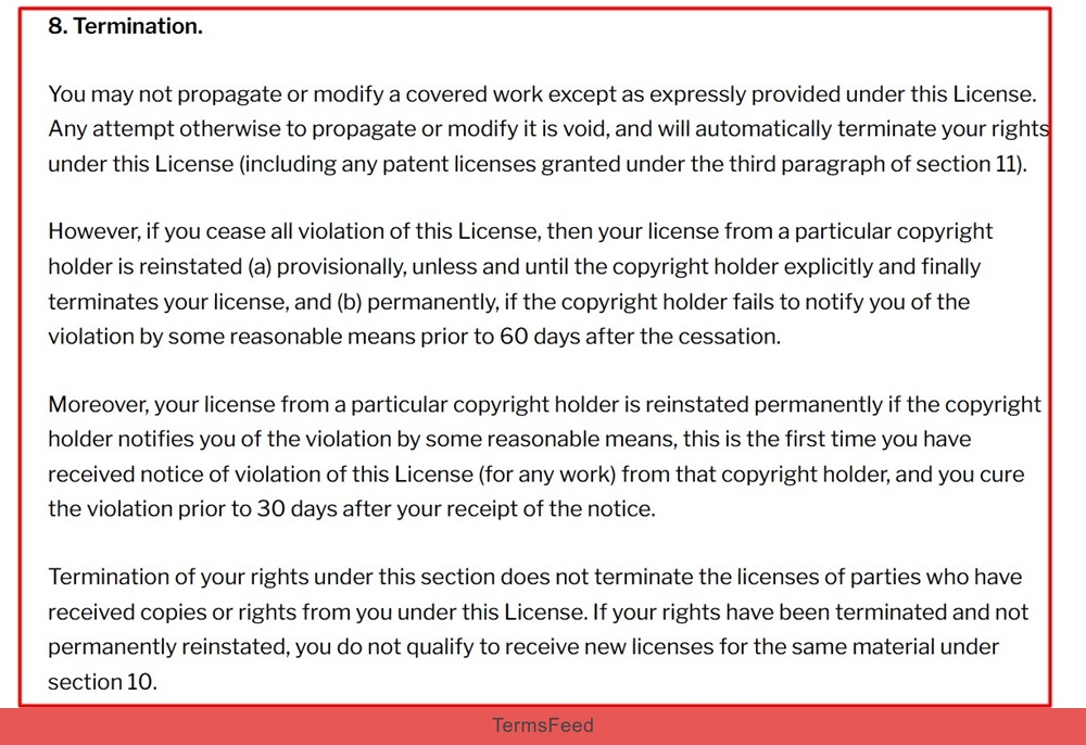 GPLv3 license section about termination and reinstatement of user rights