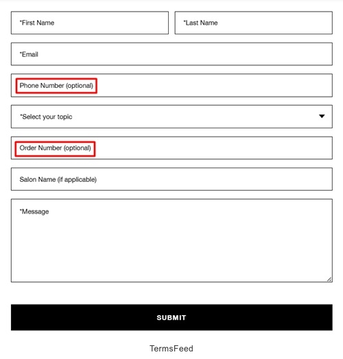 K18 Hair Contact Form with optional fields highlighted