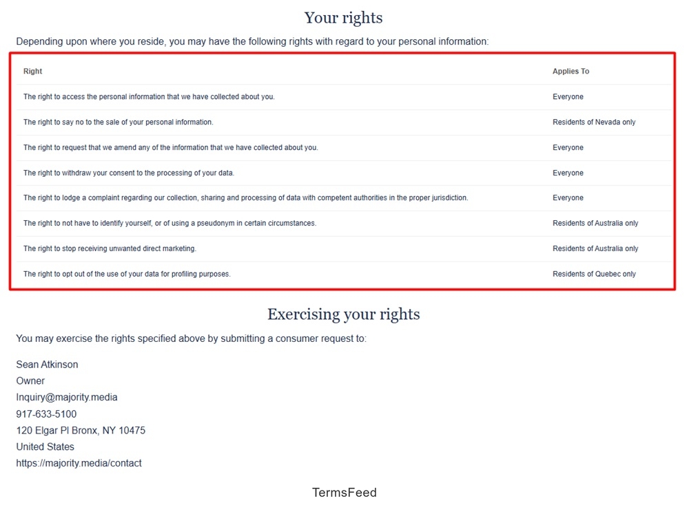 Majority Media Privacy Policy: Your Rights clause