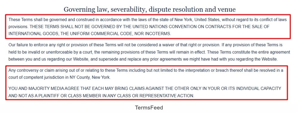 Majority Media Terms of Service: Governing law clause