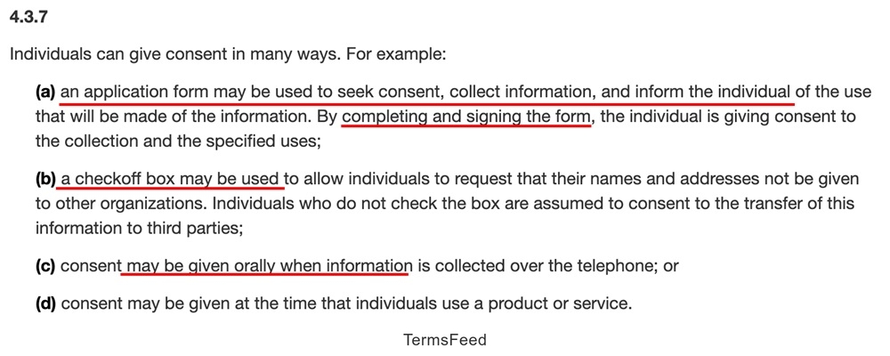 A section from PIPEDA discussing methods for obtaining consent which includes application forms, check boxes, or oral consent