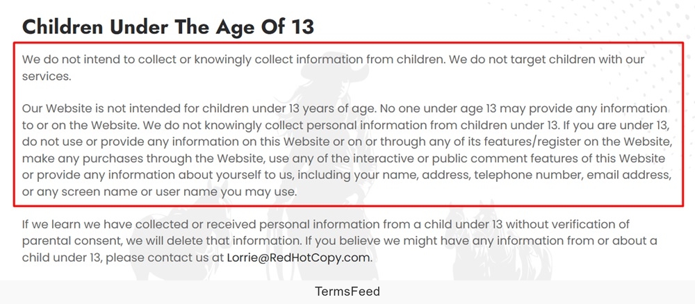 Red Hot Copy Privacy Policy: Children under the age of 13 clause