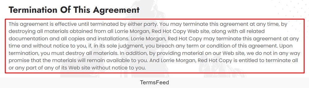 Red Hot Copy Terms of Use and Disclaimer: Termination of agreement clause
