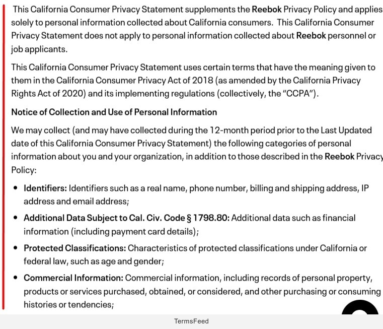Reebok Privacy Policy: Supplemental section