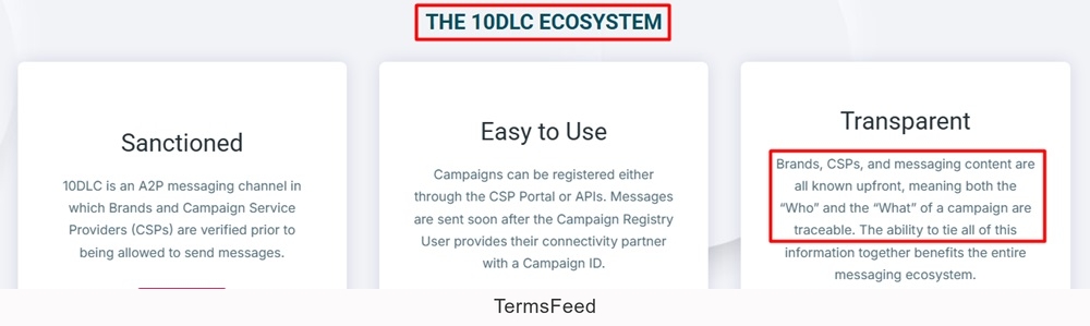 A screenshot showcasing the traceability benefits offered by the 10DLC system on The Campaign Registry Website