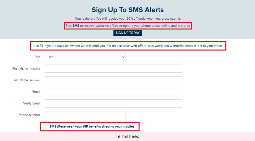 A sign-up form from the UK retail company, Weird Fish, mandating customers to provide written consent