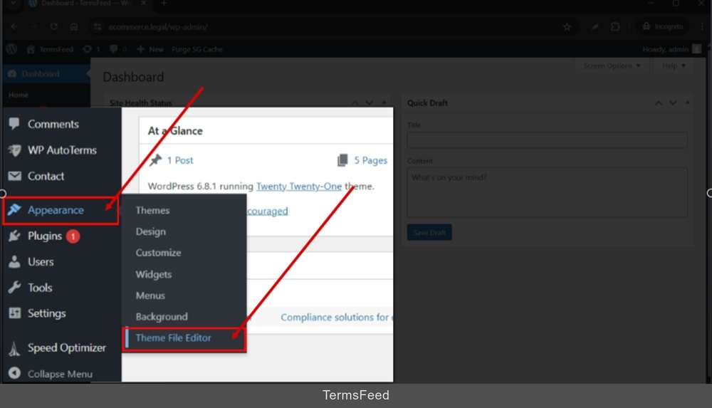 TermsFeed WordPress - Dashboard - Appearances - Theme File Editor selected