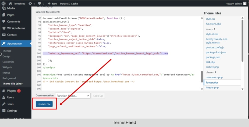TermsFeed WordPress - Theme File Editor - footer.php - Cookie Consent - New params added - Update file