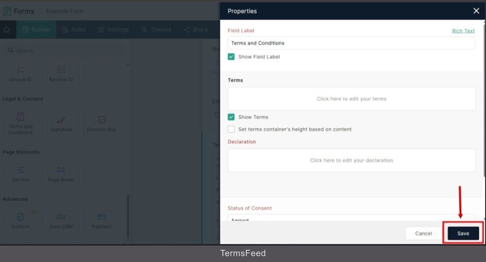 TermsFeed Zoho - Forms - new forms created - Legal and Consent, select Terms and Conditions - Open properties - Edit terms - Save