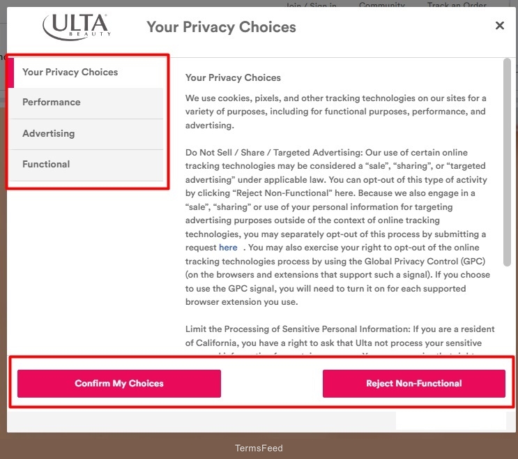 Ulta Beauty: Cookie Consent Preferences Center