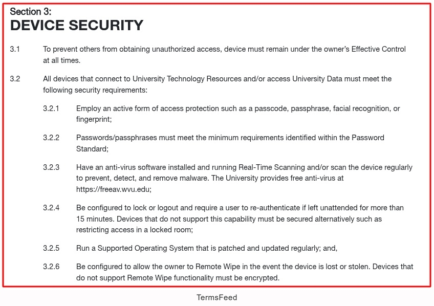 West Virginia University BYOD Policy - Device security clause