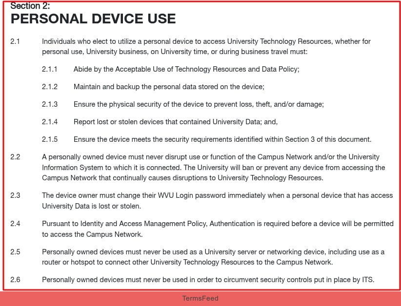 West Virginia University BYOD Policy - Personal device use clause